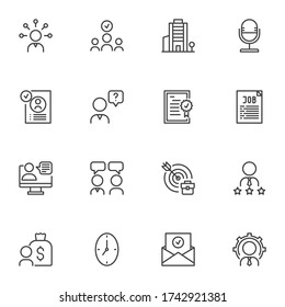 Job interview line icons set, outline vector symbol collection, linear style pictogram pack. Signs, logo illustration. Set includes icons as human resources, office building, employee recruitment