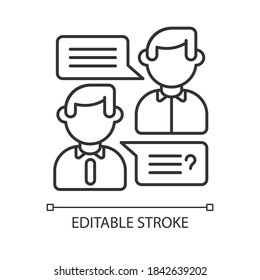 Job interview linear icon. Business conversation, vacancy negotiation thin line customizable illustration. Contour symbol. Professional communication, Vector isolated outline drawing. Editable stroke
