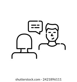 Entrevista laboral. Candidato masculino que presenta su calificación a empleada de recursos humanos. Icono de vector perfecto de píxeles
