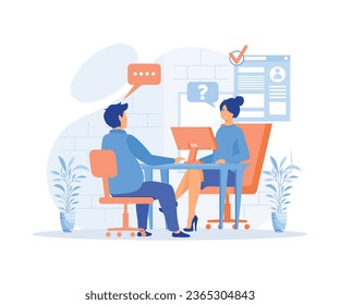 Job interview. a man talking to a young woman with laptop. flat vector modern illustration