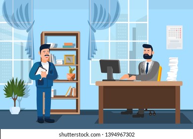 Job Interview. Man Work at Office. Vector illustration. Office Worker. Office Interior. Sit at Table. Conduct an Interview. Communication Employer and New Employee. Conclude an Agreement.