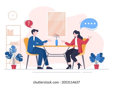 Job Interview Meeting, Candidate and HR Manager. Idea of Employment and Hiring, Business Man or Woman at Table, Vector Illustration For Conversation, Career, Human Resource Concept