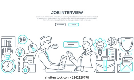 Job interview - modern line design style illustration on white background with place for your text. An image of an HR manager and young specialist talking. High quality banner for a website Job interview - modern line design style illustration on white background with place for your text. An image of an HR manager and young specialist talking. High quality banner for a website