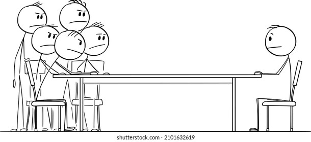 Entrevista laboral o negociación, un hombre sentado en la mesa con un grupo de hombres de negocios. Dibujo vectorial de palo de dibujos animados o ilustración de personajes.