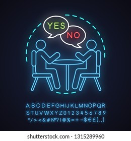 Job interview neon light concept icon. Negotiations idea. Coworking. Professional communication. Dialog. Glowing sign with alphabet, numbers and symbols. Vector isolated illustration