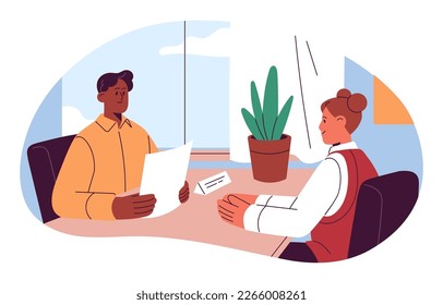 Entrevista laboral en el cargo. Gestor de recursos humanos y conversación de candidatos, comunicación. Jefe de contratación, empleado de contratación, solicitante, sentado en el escritorio. Ilustración vectorial plana aislada en fondo blanco