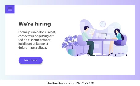 Job Interview in Office. Isolated white background. Employers with Text. HR Managers Interviewing Applicant Characters. Teamwork. Employment Service. HR Agency. Flat Vector Illustration