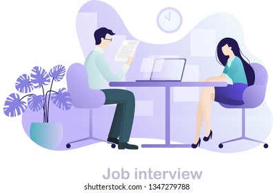 Job Interview in Office. Isolated white background. Employers with Text. HR Managers Interviewing Applicant Characters. Teamwork. Employment Service. HR Agency. Flat Vector Illustration