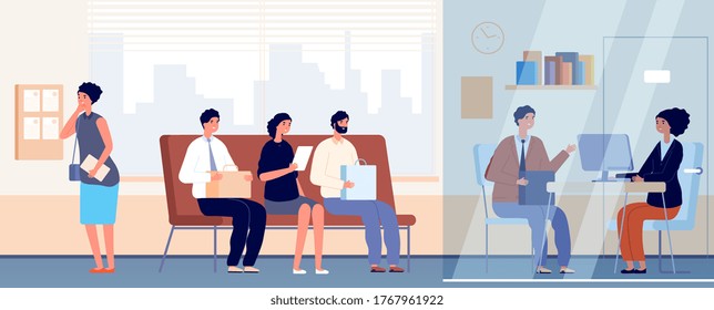 Job interview in office. Occupation recruitment, female communication with employee. Nervous people queue, professionals vector illustration