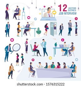 Entrevista de trabajo en el conjunto de escenas de vectores planos de moda de Office. Candidatos a trabajar en espera de entrevista, hablando con el gerente de recursos humanos, presentándose para el director ejecutivo de la empresa Ilustración