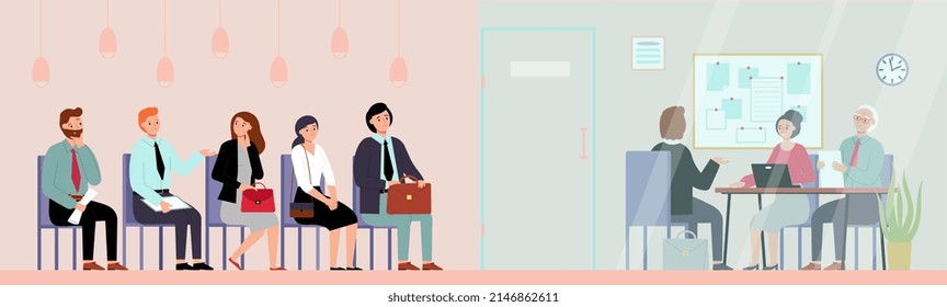 Job interview in office. Young man and interviewer, corporate recruitment. Business people waiting line, employees or candidate queue, decent vector scene