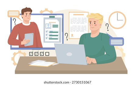 Conceito online de entrevista de emprego. Homem responde a perguntas do gerente de RH. Candidato a emprego. Headhunting e recrutamento. O empregador avalia o currículo dos funcionários. Ilustração vetorial plana