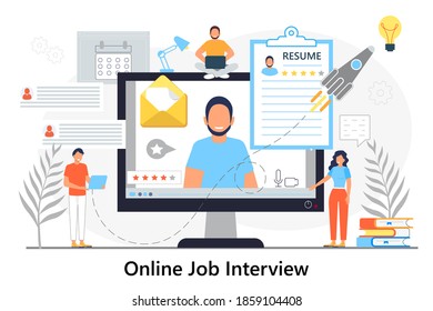Job interview online concept vector. Employee hiring illustration. Interviewer talking with HR specialist in video conference. Recruitment test on website.