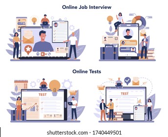Job interview online service or platform set. Idea of employment and hiring. Online interview and test. Recruitment manager searching. Isolated flat vector illustration