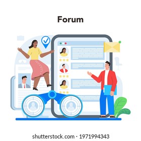 Job Interview Online Service Or Platform. Idea Of Employment And Hiring Procedure. Recruiter Searching For A Job Candidate. Online Forum. Flat Vector Illustration