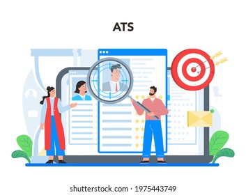 Job interview online service or platform. Idea of employment and hiring procedure. Recruiter searching for a job candidate. ATS. Flat vector illustration