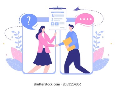 Job Interview Online Service or Platform, Candidate and HR Manager. Business Man or Woman at Table, Vector Illustration For Conversation, Career, Human Resource Concept