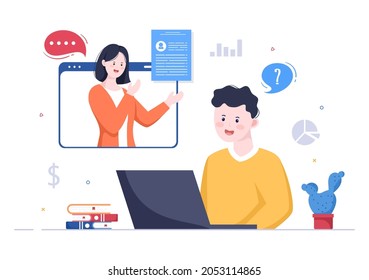 Job Interview Online Service or Platform, Candidate and HR Manager. Business Man or Woman at Table, Vector Illustration For Conversation, Career, Human Resource Concept