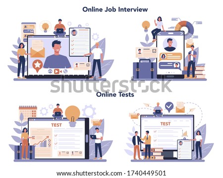Job interview online service or platform set. Idea of employment and hiring. Online interview and test. Recruitment manager searching. Isolated flat vector illustration