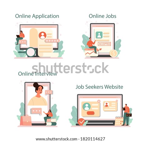 Job interview online service or platform set. Idea of employment and hiring. Recruitment manager searching. Online application, website, jobs, interview. Isolated flat vector illustration