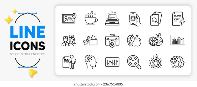 Job interview, Opened gift and Dj controller line icons set for app include Apple, Engineering, Coffee cup outline thin icon. Employees teamwork, Time management, Doctor pictogram icon. Vector