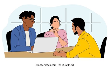 Job interview outline drawing. Business woman and businessmen meeting, talking, discussing on office. Hand drawn vector sketch illustration isolated on white background 