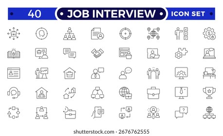 Conjunto de ícones da estrutura de tópicos da Entrevista de Trabalho. Inclui os símbolos de currículo, candidato, entrevista, salário, contrato e funcionário. Ícones de resumo de RH e contratação modernos para trabalho de negócios, força de trabalho e gerenciamento de carreira.
