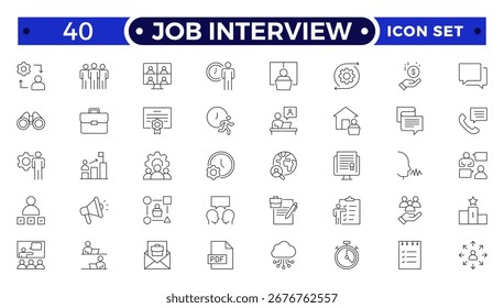 Job Interview outline icon set. Includes resume, candidate, interview, salary, contract, and employee symbols. Modern HR and hiring outline icons for business job, workforce, and career management.
