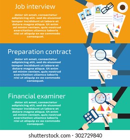 Job interview, Preparation business contract, Financial examiner banners set