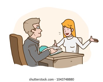 Job Interview Presentation, a hand drawn vector cartoon illustration of  a job seeker introducing herself to the HRD
manager.