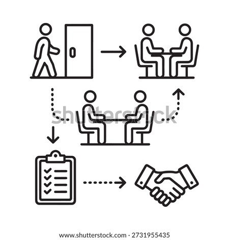 Job interview process depicted with candidates interviewers and a clipboard