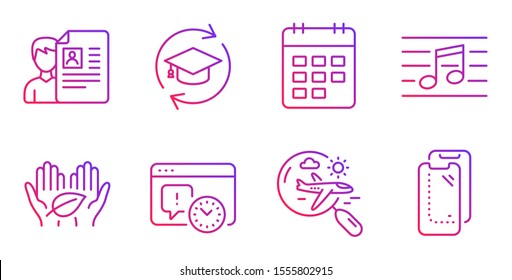Job interview, Project deadline and Continuing education line icons set. Search flight, Calendar and Musical note signs. Fair trade, Smartphone glass symbols. Cv file, Time management. Vector