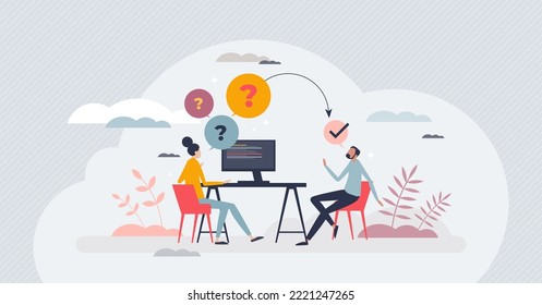 Job interview questions and candidate experience check tiny person concept. Human resources work process with CV evaluation, skill and qualification expertise using conversation vector illustration.