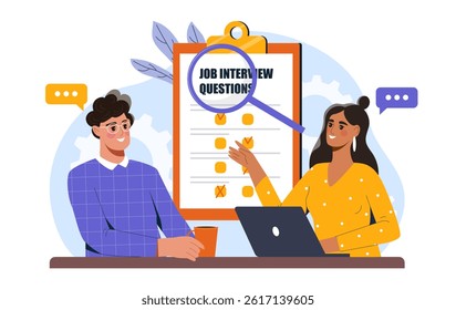 Job interview questions. Man and woman near clipboard. Headhunting and recruiting, employment. Working conversation and discussion. Survey and questionnaire. Flat vector illustration