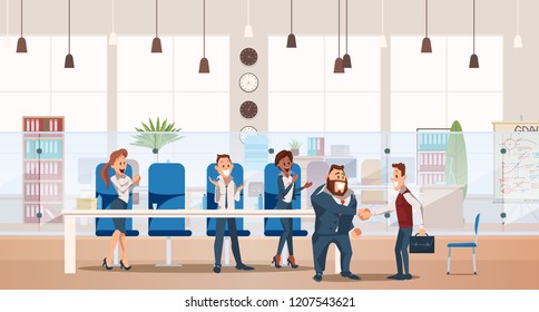 Job Interview and Recruiting Concept. Human Resources in Office. Teamwork during Interview. People Work in Office. Business Meeting at Office Space. Vector Illustration Flat style.