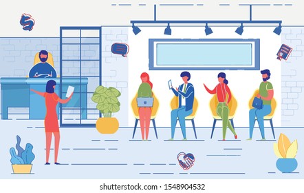 Job Interview and Recruiting Flat Cartoon Vector Illustration. HR Agency Concept. Staff Recruitment. Human Resource Department. Selection Candidates. Business Company. Woman Calling out Queue.