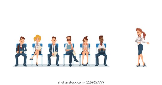 Job Interview and Recruiting. Human Resources Interview Recruitment Job Concept. People sitting in Office. Recruitment Banner Set with Candidates for Work. Vector Illustration Flat style.