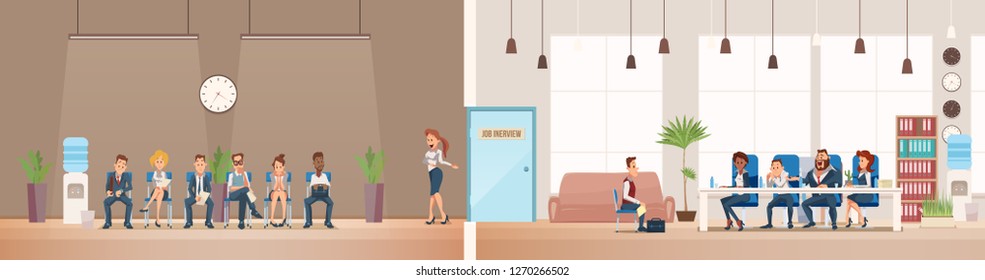 Job Interview and Recruiting. Human Resources Interview Recruitment Job Concept. People sitting in Office. Recruitment Banner Set with Candidates for Work. Vector Illustration Flat style.