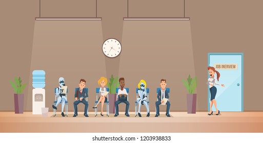 Job Interview Recruiting and Robots. Human Resources Interview Recruitment Job Concept. Modern Technologies in Office. Recruitment Banner Set with Candidates for Work. Vector Illustration Flat style.