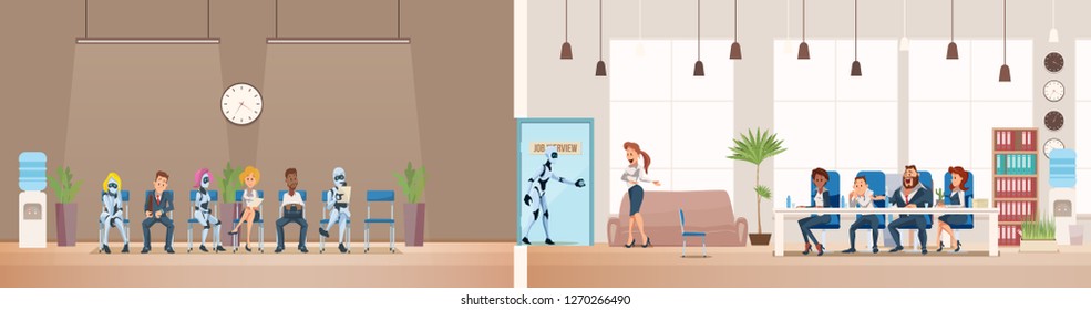 Job Interview Recruiting and Robots. Human Resources Interview Recruitment Job Concept. Modern Technologies in Office. Recruitment Banner Set with Candidates for Work. Vector Illustration Flat style.
