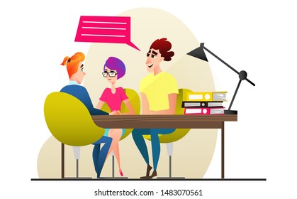 Job interview, recruitment agency. HR interview, screening, talking with a job applicant. male office worker with a female colleague are sitting at a table and are hired. cartoon characters in office