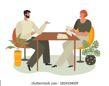 Job interview, recruitment, hr concept. Man and woman at the meeting in the office. Female boss talking to an employee. Recruiter having a conversation with a candidate. Flat vector illustration