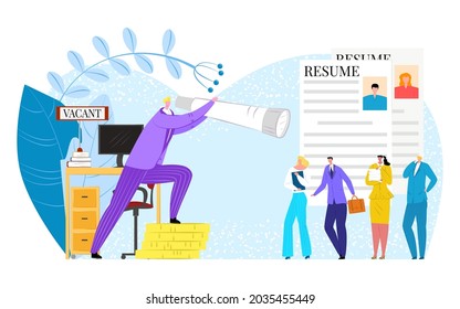 Job interview recruitment, vector illustration. Man woman people character look for employment, flat business hr worker searching candidate
