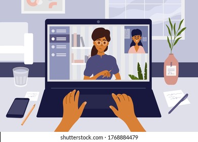 Job interview remotely by video call using laptop. Online employment. Hiring and recruitment concept. Communication technology. Young woman searching job. Work place, home office vector illustration.