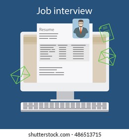 Job interview with resume on computer vector illustration