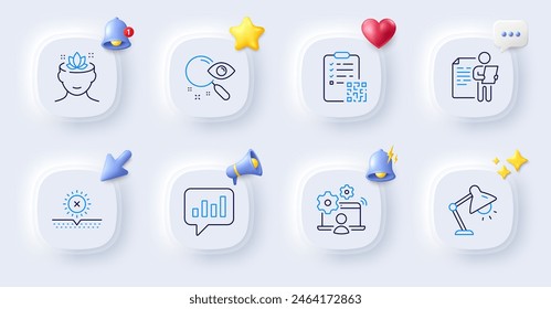 Iconos de línea de chat analítica, Búsqueda y entrevista de trabajo. Botones con campana 3d, voz de chat, cursor. Paquete de mente de yoga, lámpara de mesa, icono de código Qr. Trabajo en línea, sin pictograma solar. Vector