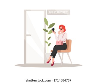 Job interview semi flat RGB color vector illustration. Female candidate for work wait in corridor. Woman apply lipstick before meeting. Applicant isolated cartoon character on white background