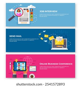 Job interview, send mail and online business conference banners set. Video call session, working from home, social distancing, business discussion, online communication, select candidates, mailing