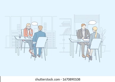 Job interview, service, hr set concept. Business people, businessmen women employers bosses hr managers interviewing communicate with candidates for job. Customer service. Meeting with insurance agent