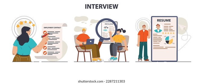 Juego de entrevistas de trabajo. Contratación o contratación de personal. Gerente de recursos humanos buscando un candidato a un puesto de trabajo. Cazador jefe entrevistando al candidato de vacante. Ilustración vectorial plana